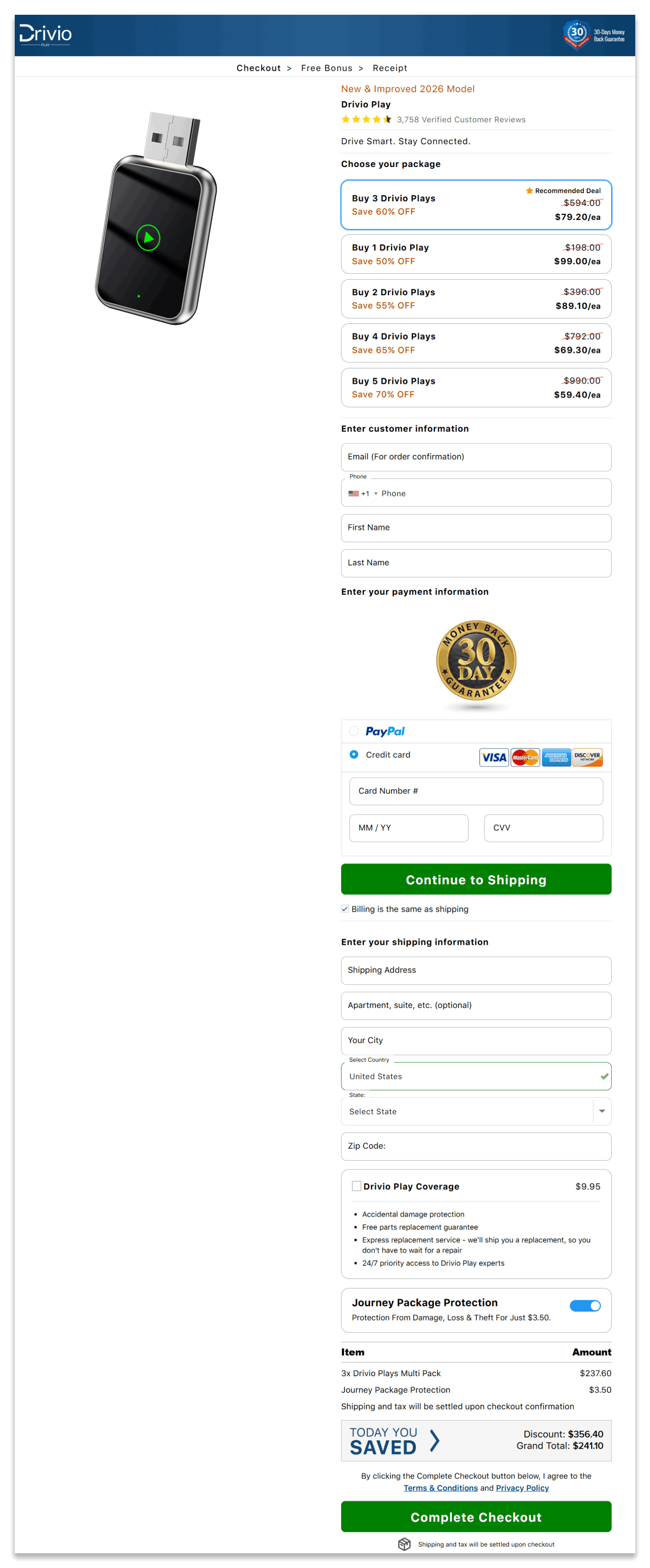 Drivio Play secure checkout page